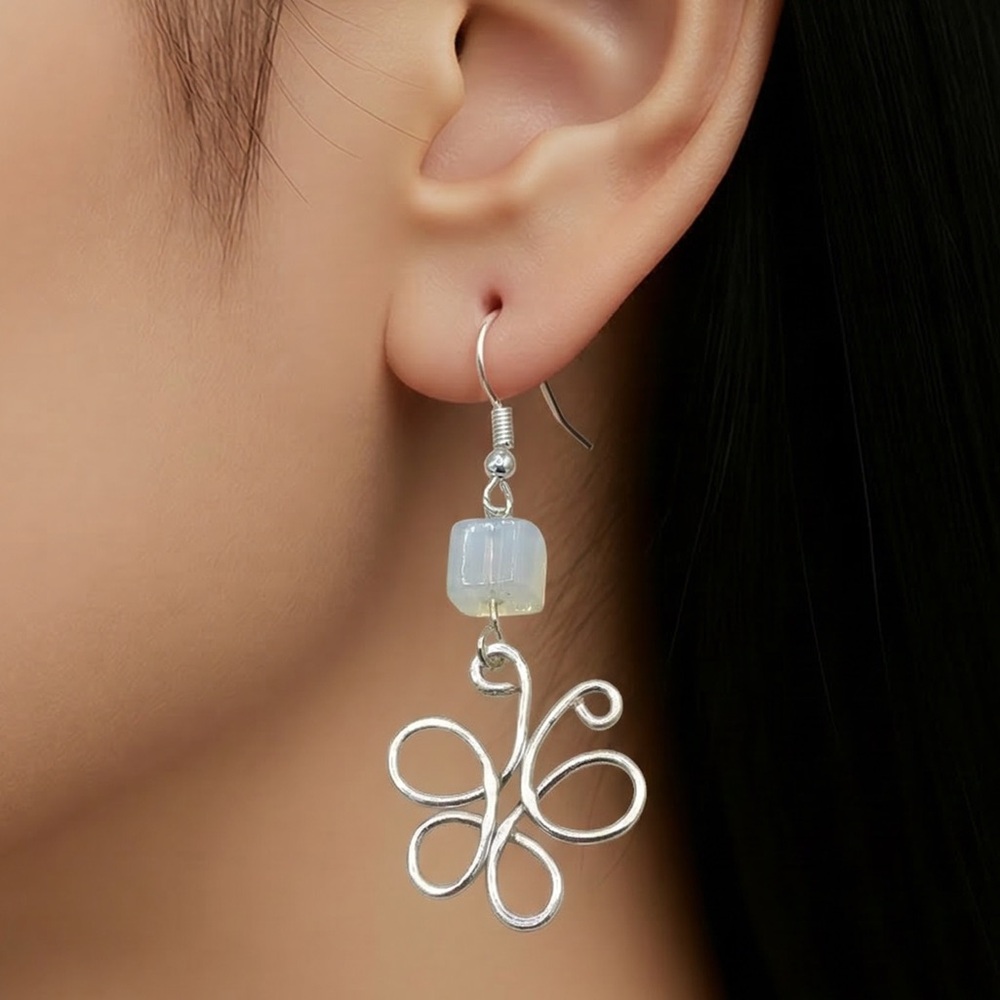 Hand crafted earrings wire wrapped Butterfly with moonstone cube silver wires‎